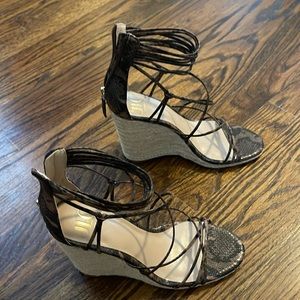 J Lo sexy multi strap snake print wedges